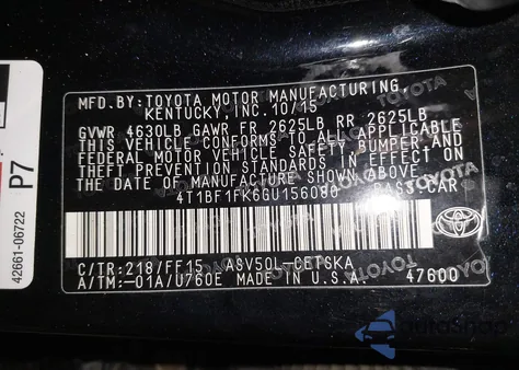 2016 Toyota Camry Se from USA, damaged, VIN 4T1BF1FK6GU156080